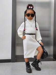 SHEIN Cô Gái Trẻ Giải trí Màu thuần Áo cao cổ Áo chui đầu Áo len Với Tay áo dài - trắng - Xem 1