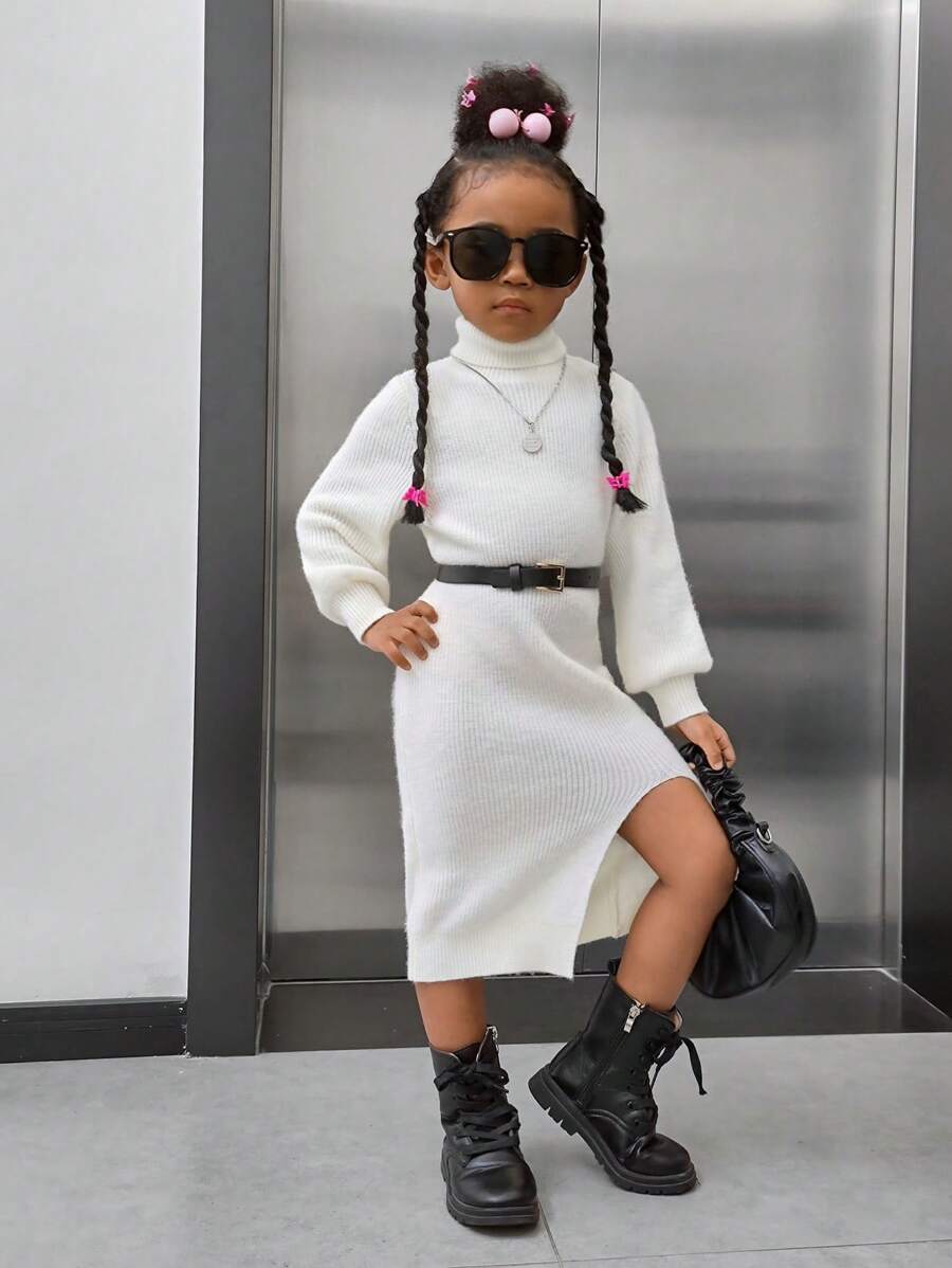 SHEIN Cô Gái Trẻ Giải trí Màu thuần Áo cao cổ Áo chui đầu Áo len Với Tay áo dài - trắng - Xem 1