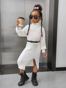 SHEIN Cô Gái Trẻ Giải trí Màu thuần Áo cao cổ Áo chui đầu Áo len Với Tay áo dài - trắng - Xem 4