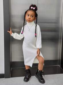 SHEIN Cô Gái Trẻ Giải trí Màu thuần Áo cao cổ Áo chui đầu Áo len Với Tay áo dài - trắng - Xem 5