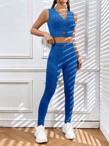 SHEIN EZwear Chi tiết Patched thư Crop Tank Top & Xà cạp - Màu xanh lam - Xem 3