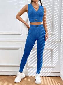 SHEIN EZwear Chi tiết Patched thư Crop Tank Top & Xà cạp - Màu xanh lam - Xem 4