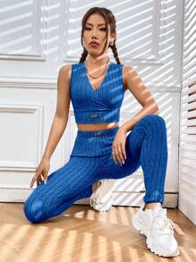 SHEIN EZwear Chi tiết Patched thư Crop Tank Top & Xà cạp - Màu xanh lam - Xem 6