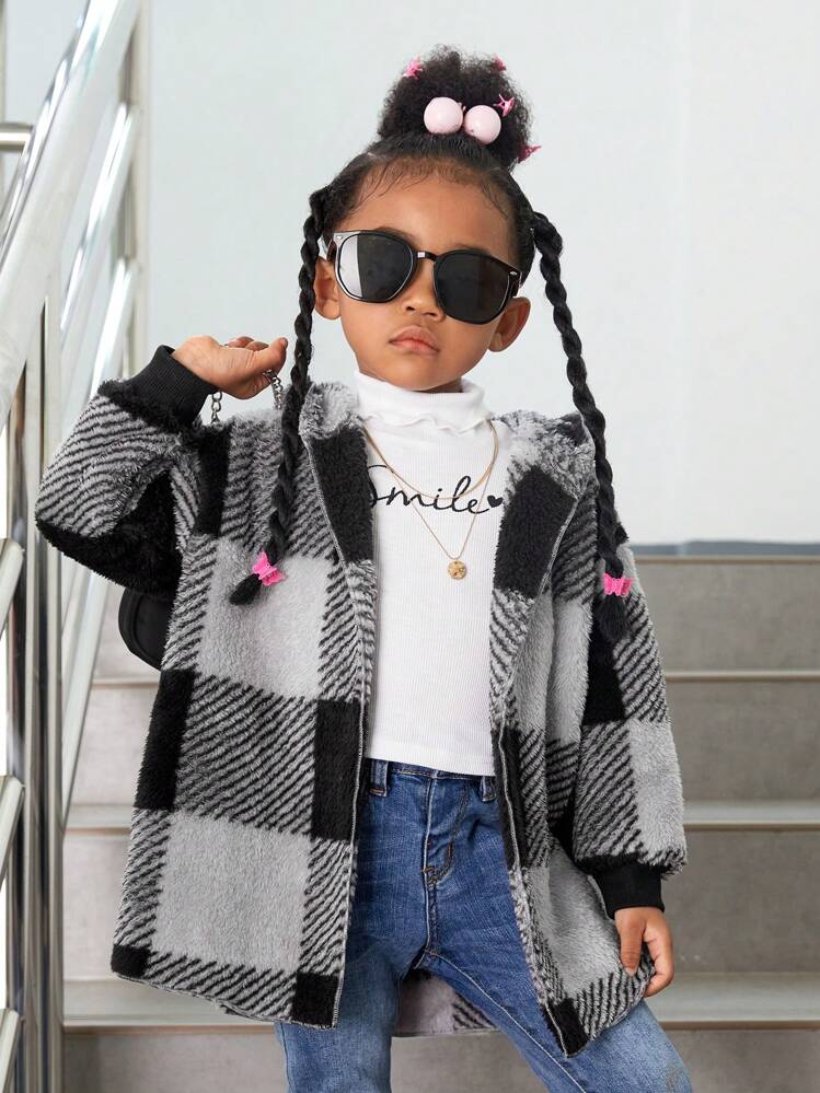 SHEIN בחורה צעירה דוגמאת משבצות כתף חשופה ברדס מעיל טדי - ריבוי צבעים - ראה 1