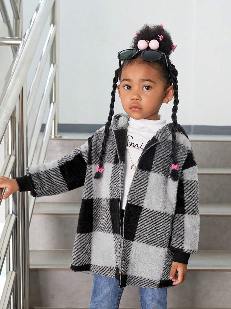 SHEIN בחורה צעירה דוגמאת משבצות כתף חשופה ברדס מעיל טדי - ריבוי צבעים - ראה 5