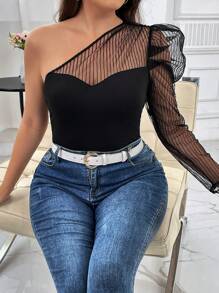 SHEIN Privé 大碼單肩網紗拼接羊腿袖上衣 - 黑色 - 查看 1