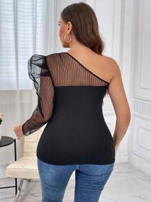 SHEIN Privé 大碼單肩網紗拼接羊腿袖上衣 - 黑色 - 查看 2