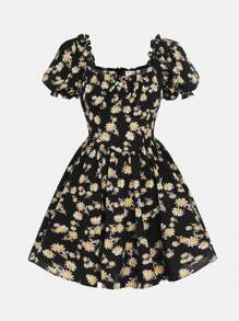 SHEIN Teen Girls Allover Floral Print Puff Sleeve Dress - Multicolor - View 1