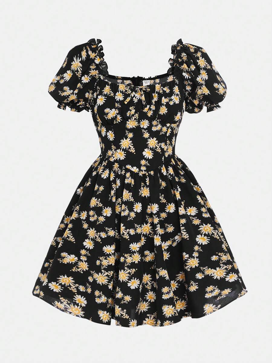 SHEIN Teen Girls Allover Floral Print Puff Sleeve Dress - Multicolor - View 1