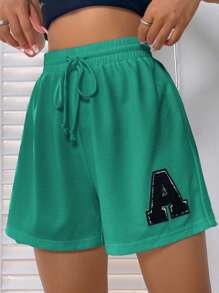 SHEIN EZwear Thư được vá Eo dây rút Quần short - màu xanh lá - Xem 1