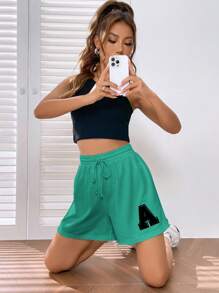 SHEIN EZwear Thư được vá Eo dây rút Quần short - màu xanh lá - Xem 2
