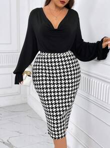 SHEIN Privé Plus Draped Collar Flounce Sleeve Top & Houndstooth Print Skirt - Black - View 6