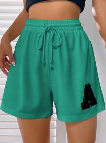 SHEIN EZwear Thư được vá Eo dây rút Quần short - màu xanh lá - Xem 3