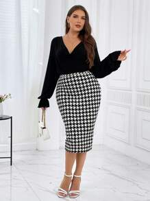 SHEIN Privé Plus Draped Collar Flounce Sleeve Top & Houndstooth Print Skirt - Black - View 3