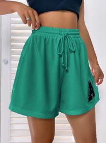 SHEIN EZwear Thư được vá Eo dây rút Quần short - màu xanh lá - Xem 5