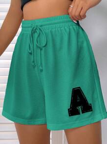 SHEIN EZwear Thư được vá Eo dây rút Quần short - màu xanh lá - Xem 6