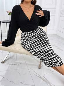 SHEIN Privé Plus Draped Collar Flounce Sleeve Top & Houndstooth Print Skirt - Black - View 1