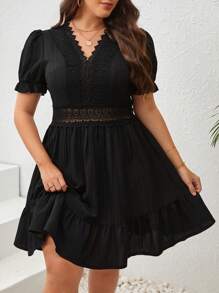 SHEIN VCAY Plus Guipure Lace Insert Ruffle Hem Summer Dress,Graduation Dress - Black - View 3