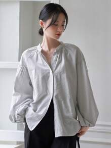 DAZY 條紋圖案前紐扣燈籠袖襯衫 - 淺灰色 - 查看 1