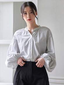 DAZY 條紋圖案前紐扣燈籠袖襯衫 - 淺灰色 - 查看 9