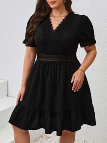 SHEIN VCAY Plus Guipure Lace Insert Ruffle Hem Summer Dress,Graduation Dress - Black - View 5