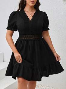 SHEIN VCAY Plus Guipure Lace Insert Ruffle Hem Summer Dress,Graduation Dress - Black - View 6