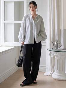 DAZY 條紋圖案前紐扣燈籠袖襯衫 - 淺灰色 - 查看 7