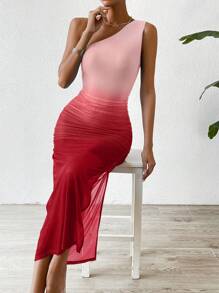 Chiquease 漸層單肩側收褶高衩連衣裙 - 粉色 - 查看 1