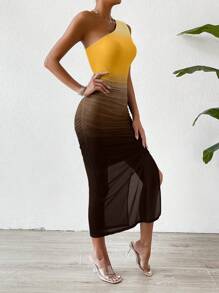 Chiquease 漸層單肩高衩連衣裙 - 黃色 - 查看 3