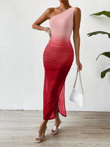 Chiquease 漸層單肩側收褶高衩連衣裙 - 粉色 - 查看 3