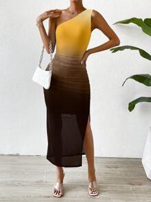 Chiquease 漸層單肩高衩連衣裙 - 黃色 - 查看 4