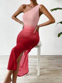 Chiquease 漸層單肩側收褶高衩連衣裙 - 粉色 - 查看 4