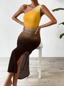 Chiquease 漸層單肩高衩連衣裙 - 黃色 - 查看 5