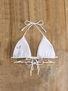 SHEIN Swim Summer Beach Rhinestone Decor Halter Triangle Bikini Top - White - View 2