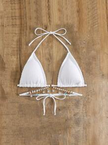 SHEIN Swim Summer Beach Rhinestone Decor Halter Triangle Bikini Top - White - View 4