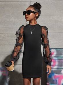 SHEIN Cô gái Tween Lưới thêu tương phản Ống tay áo Váy liền áo vừa vặn - màu đen - Xem 1