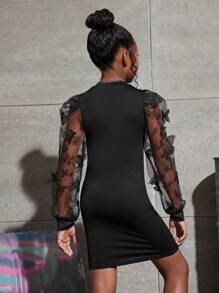 SHEIN Cô gái Tween Lưới thêu tương phản Ống tay áo Váy liền áo vừa vặn - màu đen - Xem 2