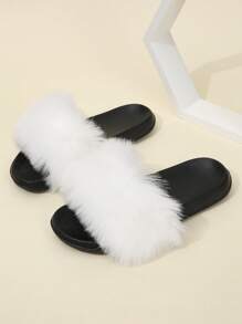 Pantuflas esponjosas para mujer, con correa, imitación de piel de zorro, suela plana, color blanco, para primavera/verano - Blanco - Ver 4