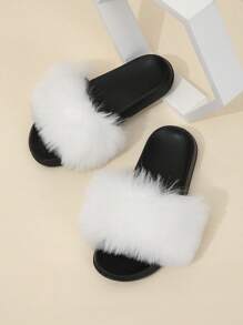 Pantuflas esponjosas para mujer, con correa, imitación de piel de zorro, suela plana, color blanco, para primavera/verano - Blanco - Ver 5