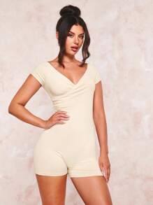 SHEIN BAE 素色交疊領彈力緊身連體短褲 - 杏色 - 查看 4