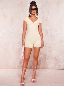 SHEIN BAE 素色交疊領彈力緊身連體短褲 - 杏色 - 查看 6