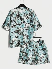 GENTILAND Loose Men Plus Size Allover Floral Print T-Shirt & Drawstring Waist Shorts Set - Multicolor - View 1