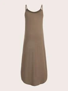 SHEIN EZwear Solid Curved Hem Cami Dress - Brown - View 2