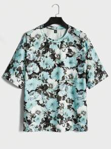 GENTILAND Loose Men Plus Size Allover Floral Print T-Shirt & Drawstring Waist Shorts Set - Multicolor - View 5