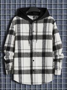 GENTILAND Men Plus Plaid Drawstring Hooded Curved Hem Jacket, For Fall Winter - Black and White - View 1