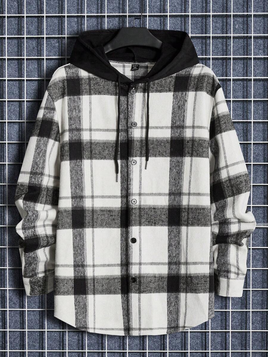 GENTILAND Men Plus Plaid Drawstring Hooded Curved Hem Jacket, For Fall Winter - Black and White - View 1