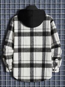 GENTILAND Men Plus Plaid Drawstring Hooded Curved Hem Jacket, For Fall Winter - Black and White - View 2