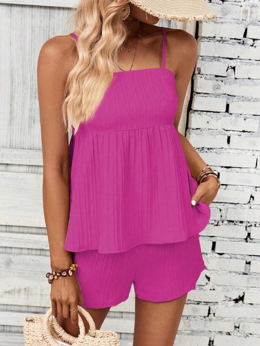 Chiquease Chất rắn Áo Cami & Quần short - Màu Hồng Tươi - Xem 1