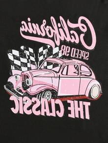 SHEIN Tween 女童柔软街头时尚汽车粉色印花简约圆领短袖 T 恤 - 黑色 - 查看 5