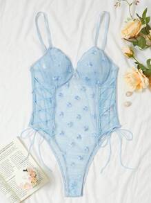 Floral Embroidery Lace Up Side Underwire Teddy Bodysuit - Blue - View 1